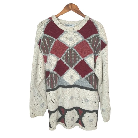 Vintage Sweaters - Vintage Gina Peters Oatmeal Patchwork Diamond Floral Knit Grandma Sweater Large